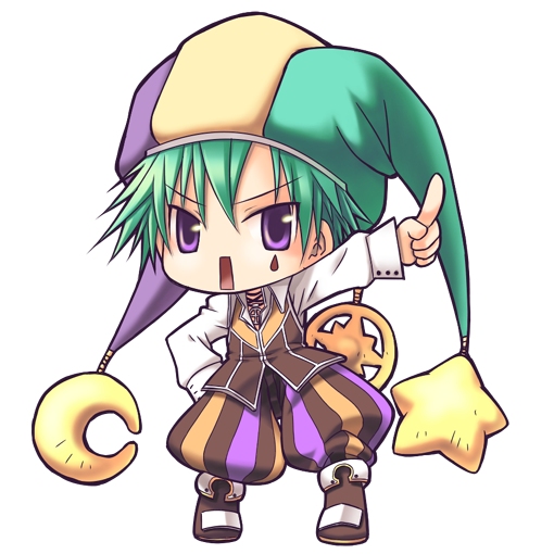 1boy baggy_pants bangs boots brown_footwear brown_pants brown_vest chibi clown_(ragnarok_online) collared_shirt commentary_request crescent crescent_hat_ornament eyebrows_visible_through_hair facial_tattoo full_body green_hair green_headwear hat hat_ornament jester_cap long_sleeves looking_at_viewer male_focus multicolored multicolored_clothes multicolored_headwear open_mouth pants purple_headwear ragnarok_online rectangular_mouth sakakura_(sariri) shirt short_hair simple_background solo standing star_(symbol) star_hat_ornament tattoo teardrop_tattoo v-shaped_eyebrows vest violet_eyes white_background white_shirt yellow_headwear