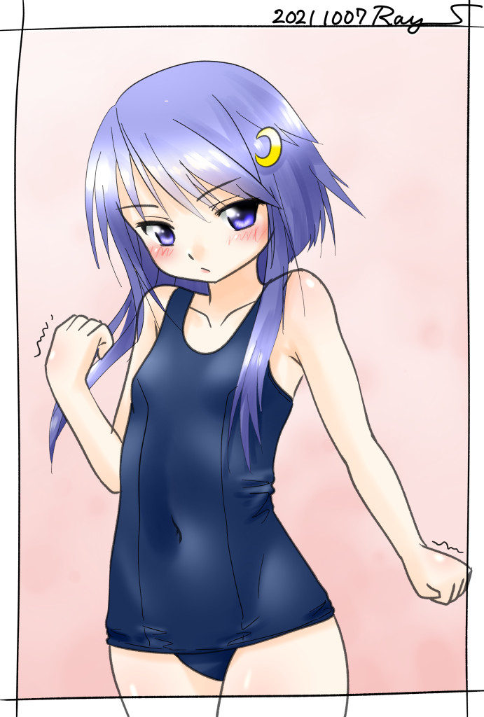 1girl blue_swimsuit border commentary_request covered_navel cowboy_shot crescent crescent_hair_ornament dated flat_chest hair_ornament kantai_collection looking_at_viewer one-hour_drawing_challenge purple_hair ray.s school_swimsuit short_hair short_hair_with_long_locks solo swimsuit twitter_username white_border yayoi_(kancolle)