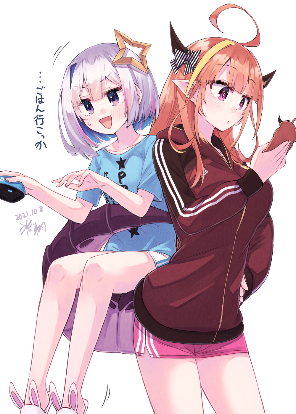 ahoge amane_kanata animal_slippers bangs blonde_hair blue_hair blunt_bangs bow breasts bunny_slippers cellphone colored_inner_hair commentary_request dated diagonal-striped_bow dolphin_shorts dragon_girl dragon_horns dragon_tail halo hand_on_hip highres hikawa_shou hololive horn_bow horn_ornament horns jacket kiryu_coco large_breasts mouse_(computer) multicolored_hair orange_hair phone pink_hair pointy_ears pp_tenshi_t-shirt raised_eyebrows short_shorts shorts signature silver_hair sitting sitting_on_tail slippers small_breasts smartphone smartphone_case star_halo streaked_hair tail track_jacket translation_request two-tone_hair violet_eyes virtual_youtuber
