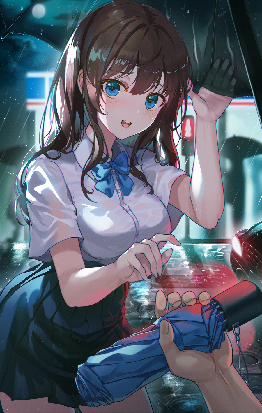 1boy 1girl arm_up bangs black_skirt blue_eyes blue_neckwear blush bow bowtie breasts brown_hair car closed_umbrella collared_shirt cowboy_shot eyebrows_visible_through_hair ground_vehicle hand_up headlight helawid highres holding holding_umbrella long_hair looking_at_viewer medium_breasts motor_vehicle open_mouth original outdoors pleated_skirt pov pov_hands rain reaching school_uniform see-through shirt short_sleeves skirt solo_focus standing traffic_light umbrella water wet wet_clothes white_shirt