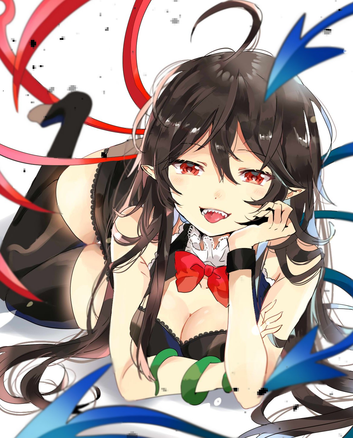 1girl ahoge alternate_hair_length alternate_hairstyle asymmetrical_wings bare_shoulders black_dress black_hair black_legwear blue_wings bow bowtie breasts commentary dress frilled_neckwear highres houjuu_nue lace_trim long_hair medium_breasts pointy_ears red_bow red_eyes red_neckwear red_wings satoupote short_dress simple_background snake thigh-highs touhou white_background wings wristband