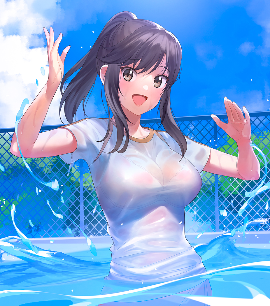 1girl :d a1 bangs blue_sky blush bra_through_clothes bralines breasts brown_eyes brown_hair commentary_request ichijou_hotaru impossible_clothes impossible_shirt large_breasts looking_at_viewer non_non_biyori open_mouth ponytail pool see-through see-through_shirt shirt short_sleeves sidelocks skin_tight sky smile solo swept_bangs t-shirt taut_clothes taut_shirt upper_body wet wet_clothes wet_shirt white_shirt