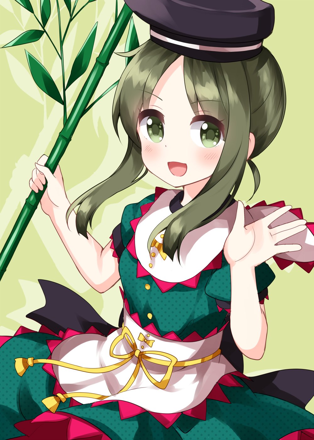 1girl apron bamboo bangs black_bow black_headwear blush bow buttons dress eyebrows_visible_through_hair green_background green_dress green_eyes green_hair green_sleeves hands_up hat highres leaf looking_at_viewer one-hour_drawing_challenge open_mouth puffy_short_sleeves puffy_sleeves ruu_(tksymkw) shadow short_hair short_hair_with_long_locks short_sleeves simple_background smile solo teireida_mai touhou white_apron yellow_bow