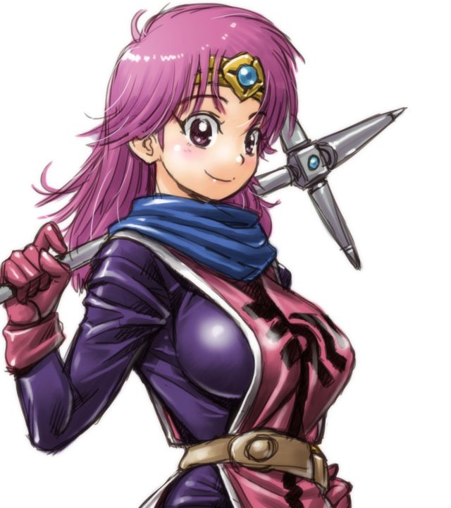 1girl amania_orz belt breasts circlet closed_mouth dragon_quest dragon_quest_dai_no_daibouken gloves large_breasts long_hair looking_at_viewer maam pink_eyes pink_hair simple_background smile solo weapon white_background