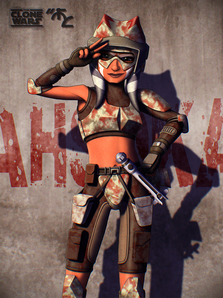 1girl 2010 ahsoka_tano alien armor background_text colored_skin energy_sword facial_tattoo feet_out_of_frame fingerless_gloves forehead_protector gloves grey_background helmet jedi knee_guards lightsaber looking_at_viewer mask mask_on_head master-cyrus midriff navel orange_skin pouch shorts smirk star_wars star_wars:_the_clone_wars sword tattoo togruta weapon
