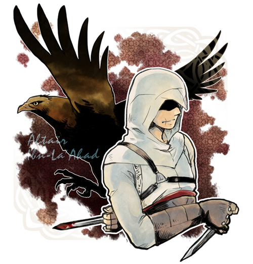 1boy altair_ibn_la-ahad animal arm_behind_back assassin's_creed assassin's_creed_(series) bird blood blood_on_weapon brown_gloves character_name commentary_request dagger eagle english_text fingerless_gloves gloves hidden_blade holding holding_dagger holding_weapon hood hood_up jacket knife long_sleeves male_focus outline partial_commentary sash shaded_face solo standing tatsuri_(forest_penguin) upper_body weapon white_jacket white_outline