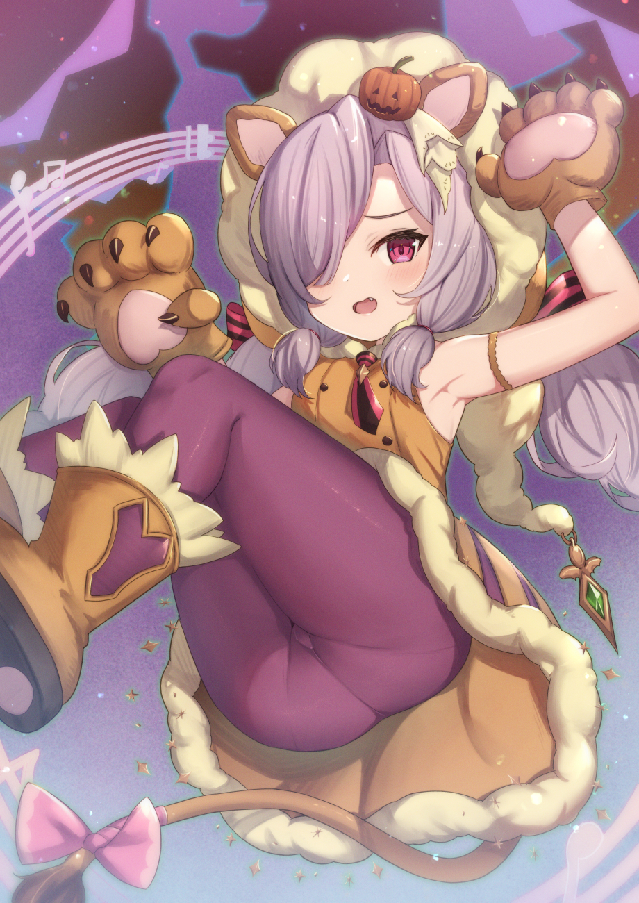 1girl animal_ears animal_hands armpits arms_up ass bangs blush boots bow brown_footwear brown_gloves claws commentary_request dress fang gloves granblue_fantasy hair_ornament hair_over_one_eye hair_ribbon halloween harvin highres jack-o'-lantern jack-o'-lantern_hair_ornament lion_ears lion_tail long_hair looking_at_viewer low_twintails niyon_(granblue_fantasy) open_mouth panties panties_under_pantyhose pantyhose pantylines paw_gloves pink_bow pointy_ears purple_hair purple_legwear purple_ribbon revision ribbon sleeveless sleeveless_dress solo striped striped_ribbon tail tail_bow tail_ornament thighs twintails underwear uneg violet_eyes
