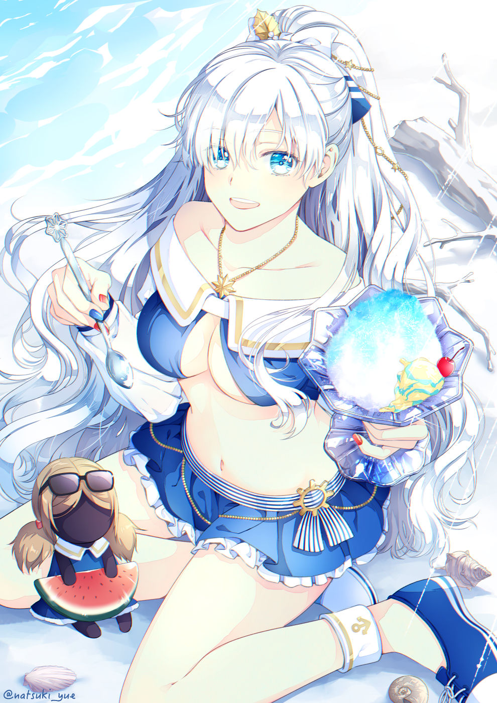 1girl :d anastasia_(fate) anastasia_(swimsuit_archer)_(fate) beach bikini bikini_skirt blue_eyes collarbone doll fate/grand_order fate_(series) highres holding jewelry looking_at_viewer nail_polish navel open_mouth pendant ponytail seashell shaved_ice shell silver_hair sitting smile spoon sunglasses swimsuit teeth upper_teeth viy_(fate) wariza watermelon_slice yue_natsuki