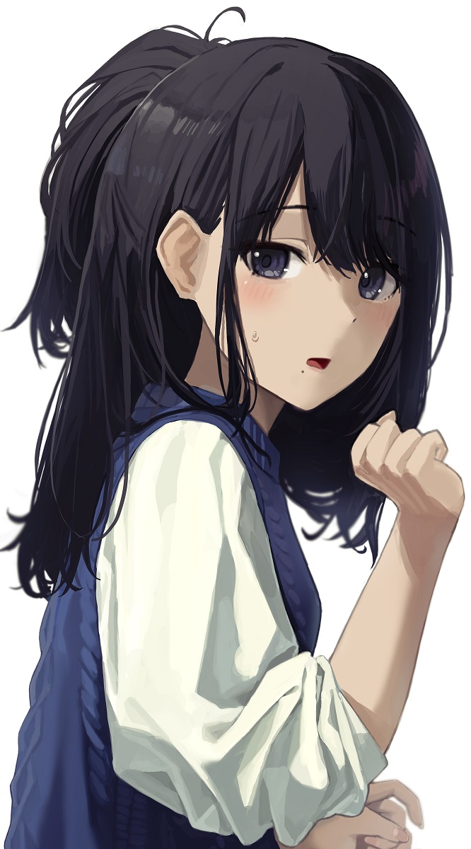 1girl bangs black_eyes black_hair blue_sweater_vest blush commentary_request eyebrows_visible_through_hair from_side half_updo highres idolmaster idolmaster_shiny_colors kazano_hiori long_hair long_sleeves looking_at_viewer looking_to_the_side mole mole_under_mouth noeru parted_lips shirt simple_background sleeves_pushed_up solo sweatdrop sweater_vest upper_body white_background white_shirt