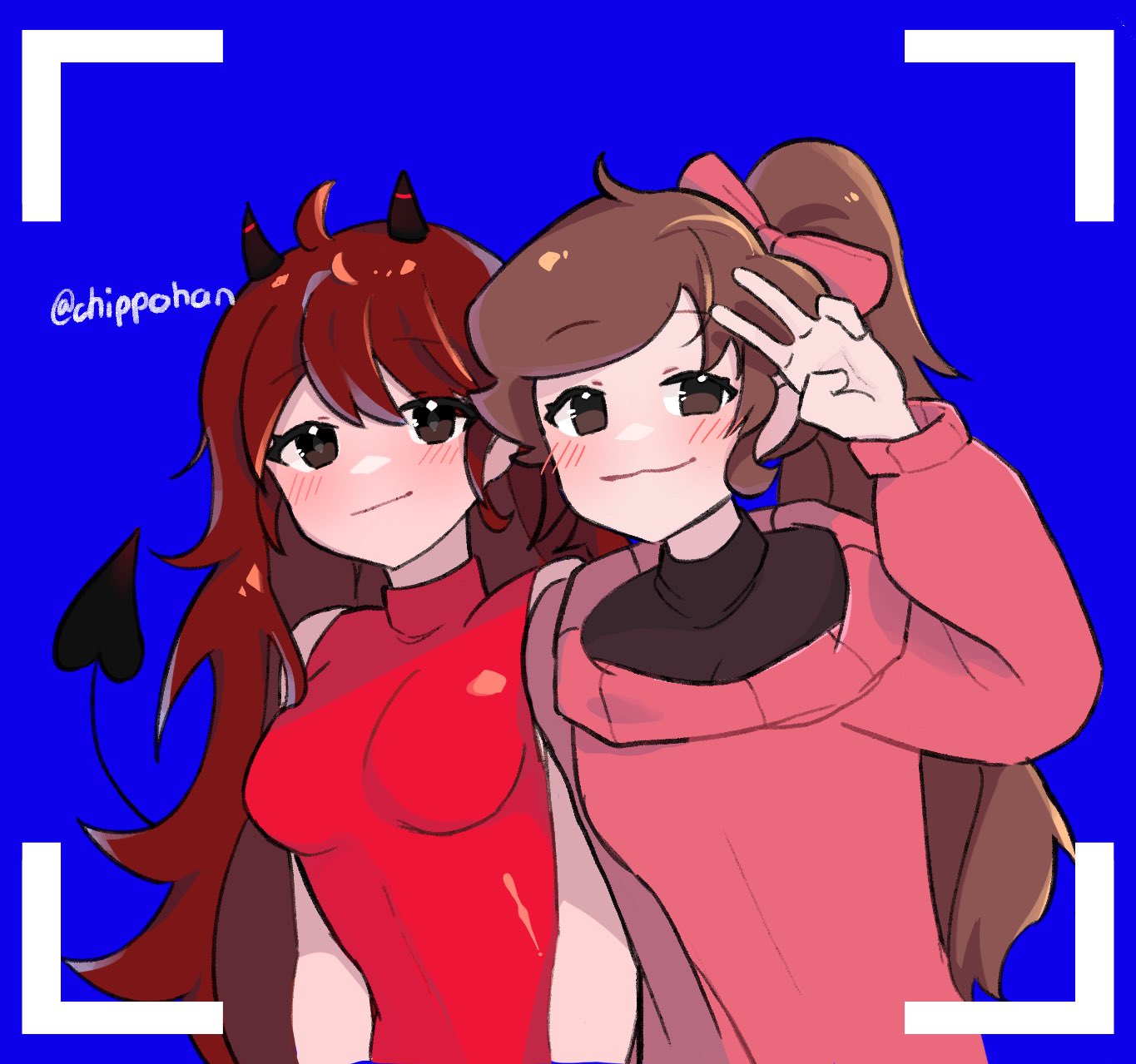 2girls blue_background blush breasts brown_eyes brown_hair chippohan demon_girl demon_horns demon_tail dual_persona friday_night_funkin' friday_night_funkin'_soft girlfriend_(friday_night_funkin') horns long_hair pink_dress red_dress simple_background smile snake_tail tail twitter_username v