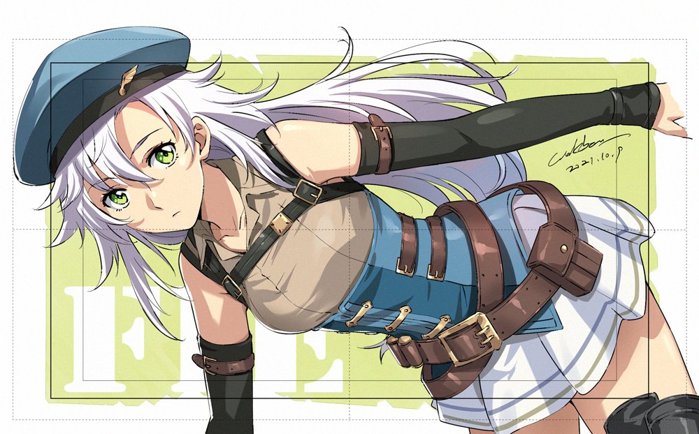 1girl arm_strap bangs belt belt_pouch beret black_legwear blue_headwear breasts brown_belt brown_shirt character_name closed_mouth collared_shirt commentary corset cowboy_shot dated dated_commentary detached_sleeves dutch_angle eiyuu_densetsu expressionless eyebrows_visible_through_hair fie_claussell green_background green_eyes hair_between_eyes hat hat_ornament kuro_no_kiseki long_hair looking_at_viewer medium_breasts military_hat miniskirt multiple_belts parted_bangs pleated_skirt pouch shirt signature silver_hair simple_background skirt sleeveless sleeveless_shirt solo strap thigh-highs underbust werkbau white_skirt wing_collar zettai_ryouiki