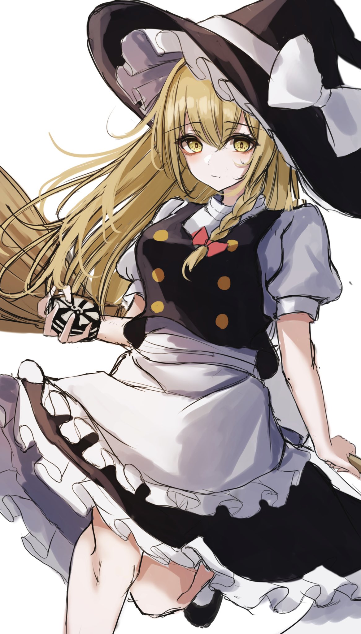 .me 1girl :/ apron bangs black_skirt black_vest blonde_hair blush bow braid breasts broom buttons eyebrows_visible_through_hair eyeshadow frilled_apron frilled_skirt frills hair_between_eyes hair_bow hat hat_ribbon highres kirisame_marisa knees large_breasts long_hair looking_at_viewer makeup mini-hakkero puffy_short_sleeves puffy_sleeves red_bow red_eyeshadow ribbon shirt short_sleeves simple_background skirt socks solo standing standing_on_one_leg touhou vest white_apron white_background white_legwear white_ribbon white_shirt witch_hat yellow_eyes