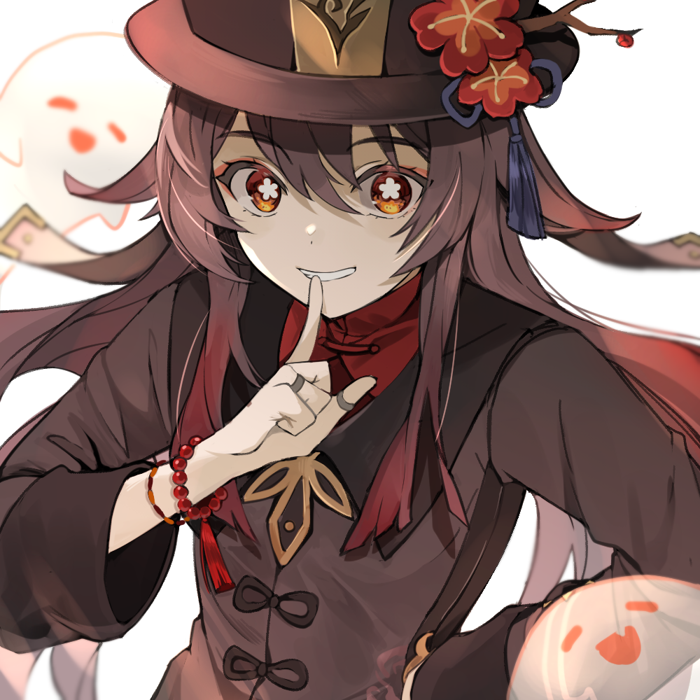 1girl :d bangs bead_bracelet beads bracelet brown_hair chinese_clothes commentary_request eyebrows_visible_through_hair finger_to_mouth flower genshin_impact ghost grin gyoju_(only_arme_nim) hair_between_eyes hand_on_hip hat hat_flower hat_ornament hu_tao_(genshin_impact) index_finger_raised jewelry long_hair long_sleeves looking_at_viewer open_mouth orange_eyes ring see-through sidelocks simple_background smile symbol-shaped_pupils twintails white_background wide_sleeves