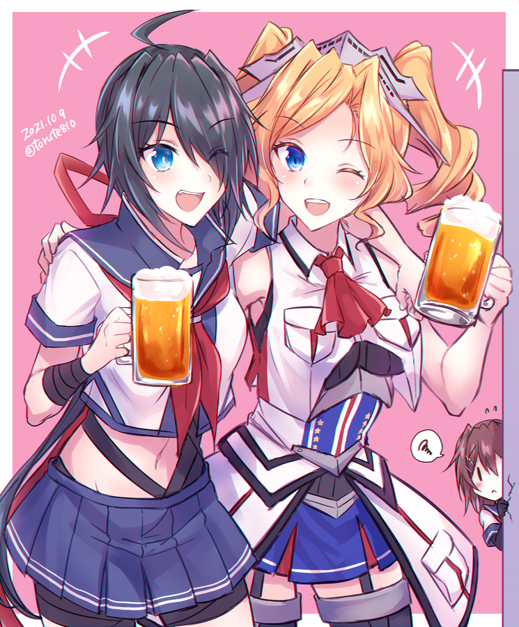 +++ 3girls :&lt; ahoge alcohol bangs beer beer_mug black_hair blonde_hair blue_eyes blue_sailor_collar blue_skirt blush breast_pocket breasts brown_hair creator_connection cup dated dress drill_hair flying_sweatdrops furutaka_(kancolle) garter_straps hair_over_one_eye hair_ribbon headgear holding honolulu_(kancolle) kabocha_torute kako_(kancolle) kantai_collection long_hair mug multiple_girls neckerchief one_eye_closed open_mouth peeking_out pleated_skirt pocket red_neckwear red_ribbon remodel_(kantai_collection) ribbon sailor_collar school_uniform serafuku short_hair short_sleeves simple_background skirt sleeveless spoken_squiggle squiggle thigh-highs twin_drills twintails twitter_username