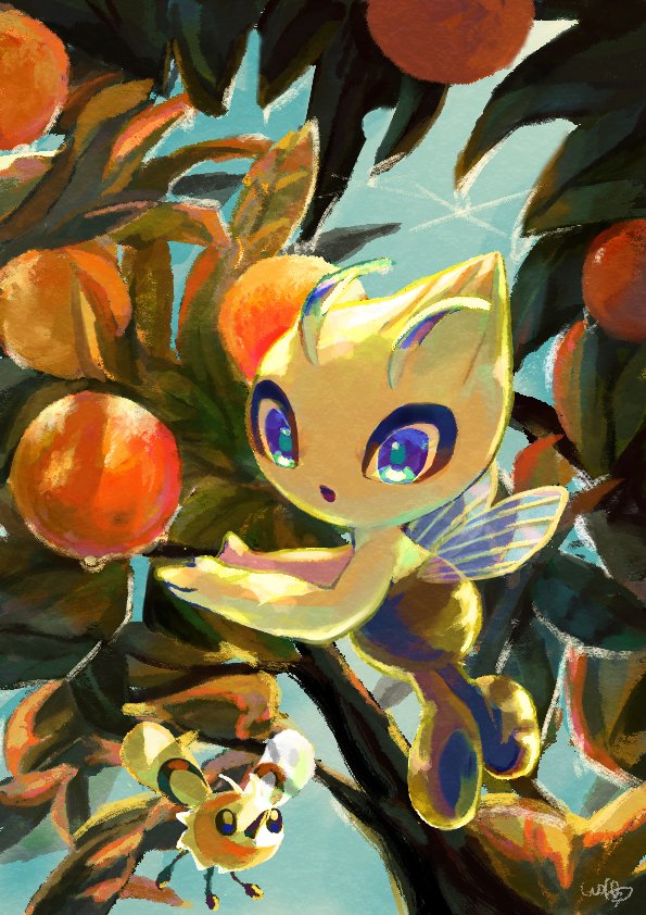 :o blue_eyes celebi commentary_request cutiefly day flying food fruit leaf no_humans open_mouth outdoors pokemon pokemon_(creature) signature urufin_(wolf_v3ewc)