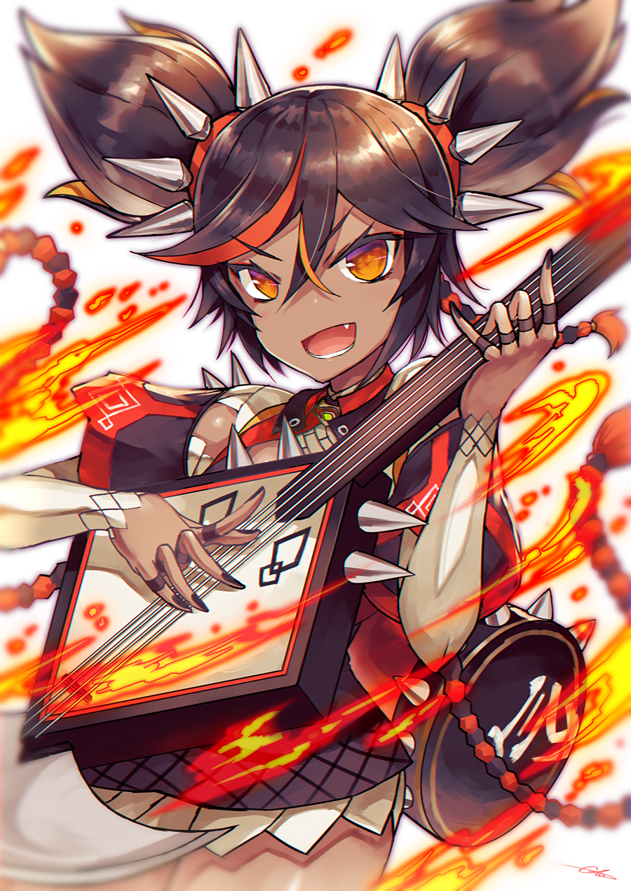 1girl :d bangs black_hair black_nails black_tank_top brown_hair commentary_request cowboy_shot dark-skinned_female dark_skin eyebrows_visible_through_hair fang fire genshin_impact gia hair_between_eyes hair_ornament hairband highres holding holding_instrument instrument long_hair looking_at_viewer lower_teeth lute_(instrument) multicolored_hair open_mouth red_ribbon redhead ribbon shorts sidelocks signature simple_background smile solo spiked_hairband spikes standing streaked_hair tank_top teeth twintails vest white_background white_shorts xinyan_(genshin_impact) yellow_eyes