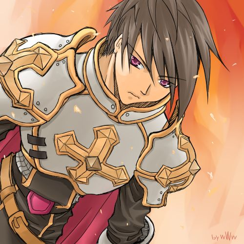 1boy armor bangs breastplate brown_hair cape chainmail closed_mouth commentary_request cross dutch_angle eyebrows_visible_through_hair frown gauntlets hair_between_eyes looking_at_viewer lord_knight_(ragnarok_online) lowres male_focus orange_background pauldrons pink_eyes ragnarok_online red_cape sakakura_(sariri) short_hair shoulder_armor signature solo tabard upper_body