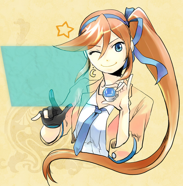 1girl \m/ ace_attorney athena_cykes bangs black_gloves blue_eyes blue_neckwear blue_ribbon breasts brown_hair closed_mouth commentary_request crescent crescent_earrings earrings eyebrows_visible_through_hair gloves hair_ribbon hands_up happy holding holographic_interface jacket jewelry long_hair looking_at_viewer medium_breasts necklace necktie one_eye_closed open_clothes open_jacket partially_fingerless_gloves phoenix_wright:_ace_attorney_-_dual_destinies ribbon shiny shiny_hair shirt side_ponytail sidelocks single_earring single_glove smile solo star_(symbol) swept_bangs tatsuri_(forest_penguin) tied_hair upper_body v-shaped_eyebrows very_long_hair white_shirt yellow_background yellow_jacket yellow_theme