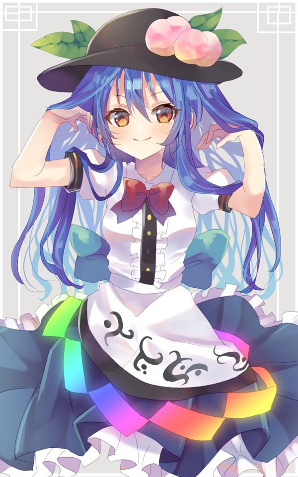 1girl arms_up back_bow bangs black_headwear blue_bow blue_hair blue_skirt blush bow breasts center_frills collared_shirt dress frilled_dress frills fruit_hat_ornament grey_background hat hinanawi_tenshi long_hair looking_at_viewer medium_breasts one-hour_drawing_challenge oudondk peach_hat_ornament puffy_sleeves rainbow_order red_bow red_neckwear shirt sidelocks simple_background skirt smile solo touhou upper_body white_shirt wing_collar yellow_eyes