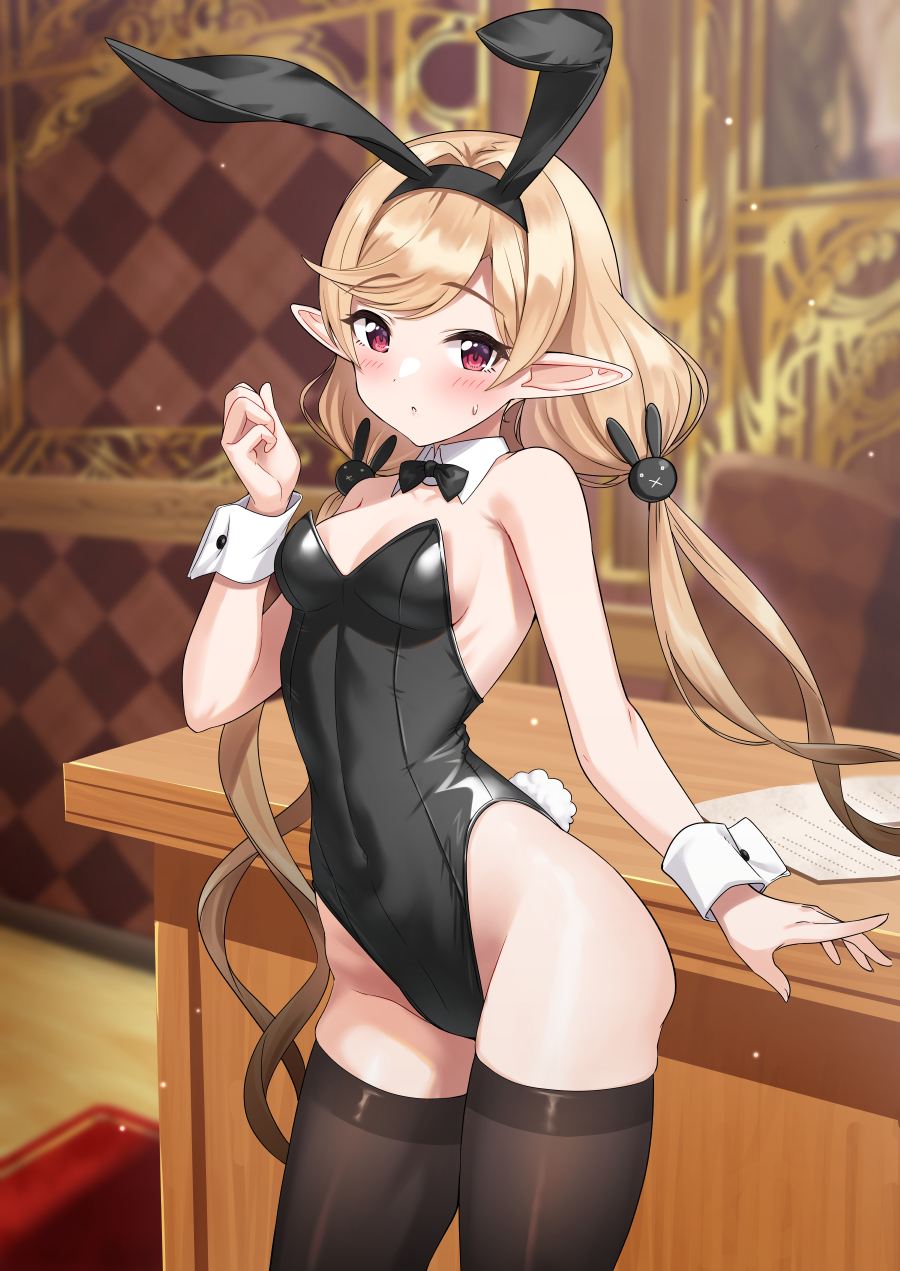 1girl alternate_costume animal_ears bare_arms bare_shoulders black_leotard blonde_hair bow bowtie breasts covered_navel detached_collar elf fake_animal_ears fake_tail hairband highleg highleg_leotard highres leotard long_hair looking_at_viewer low_twintails playboy_bunny pointy_ears rabbit_ears rabbit_tail red_eyes sennen_sensou_aigis sidelocks small_breasts solo strapless strapless_leotard sweatdrop tail tamakaga thigh-highs thighs twintails tytto_(sennen_sensou_aigis) very_long_hair wrist_cuffs