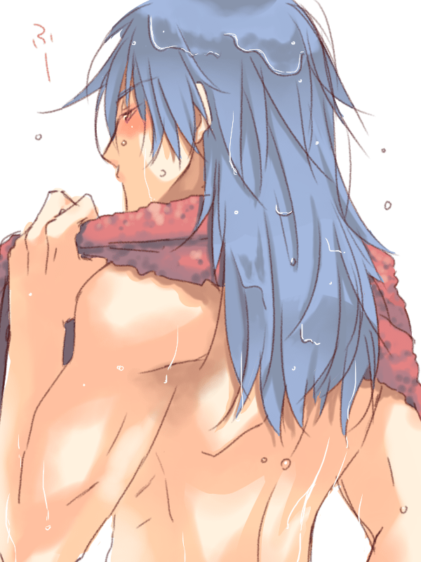 1boy assassin_cross_(ragnarok_online) back bangs blue_hair closed_mouth commentary_request eremes_guile eyebrows_visible_through_hair from_behind long_hair male_focus ragnarok_online red_eyes red_scarf sakakura_(sariri) scarf simple_background solo toned toned_male topless_male upper_body wet white_background