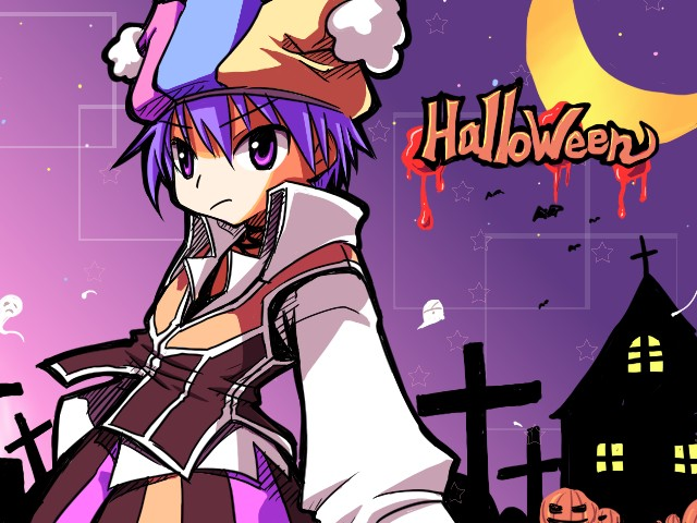 1boy baggy_pants bangs bat blue_headwear brown_pants brown_vest closed_mouth clown_(ragnarok_online) collared_shirt commentary_request cowboy_shot crescent_moon cross expressionless eyebrows_visible_through_hair ghost halloween hat house jack-o'-lantern jester_cap looking_at_viewer male_focus moon multicolored multicolored_clothes multicolored_headwear pants pink_headwear pumpkin purple_hair ragnarok_online sakakura_(sariri) shirt short_hair solo v-shaped_eyebrows vest violet_eyes white_shirt yellow_headwear