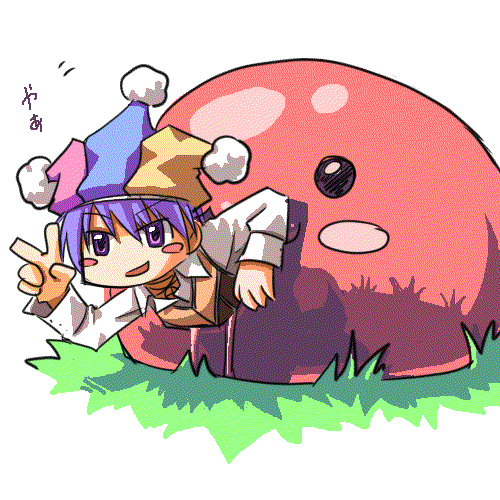 1boy bangs blue_headwear blush_stickers brown_vest clown_(ragnarok_online) collared_shirt commentary_request eyebrows_visible_through_hair full_body grass hair_between_eyes hat jester_cap long_sleeves lowres mastering multicolored multicolored_clothes multicolored_headwear oekaki open_mouth pink_headwear purple_hair ragnarok_online sakakura_(sariri) shirt short_hair slime_(creature) smile v vest violet_eyes white_shirt yellow_headwear