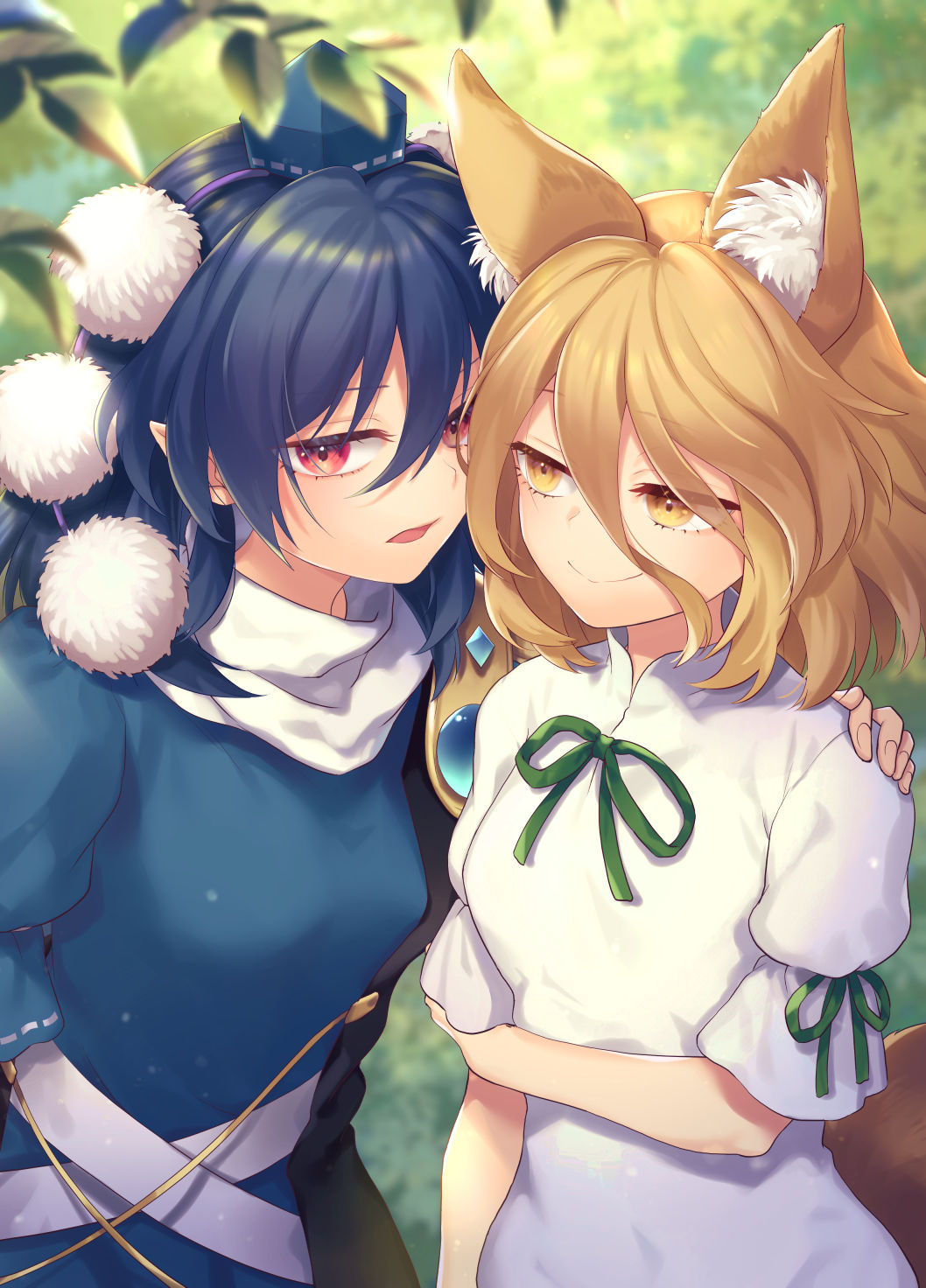 2girls animal_ear_fluff animal_ears armor bangs black_coat blonde_hair blue_hair breasts coat commentary_request eyes_visible_through_hair fox_ears fox_tail gem hair_between_eyes hand_on_another's_shoulder hand_on_own_arm hat highres iizunamaru_megumu jumpsuit kudamaki_tsukasa large_breasts leaf long_hair looking_at_viewer multiple_girls open_mouth pauldrons pointy_ears pom_pom_(clothes) puffy_sleeves red_eyes short_hair shoulder_armor single_pauldron sleeveless_coat small_breasts tail tokin_hat tomobe_kinuko touhou turtleneck upper_body whispering white_jumpsuit yellow_eyes