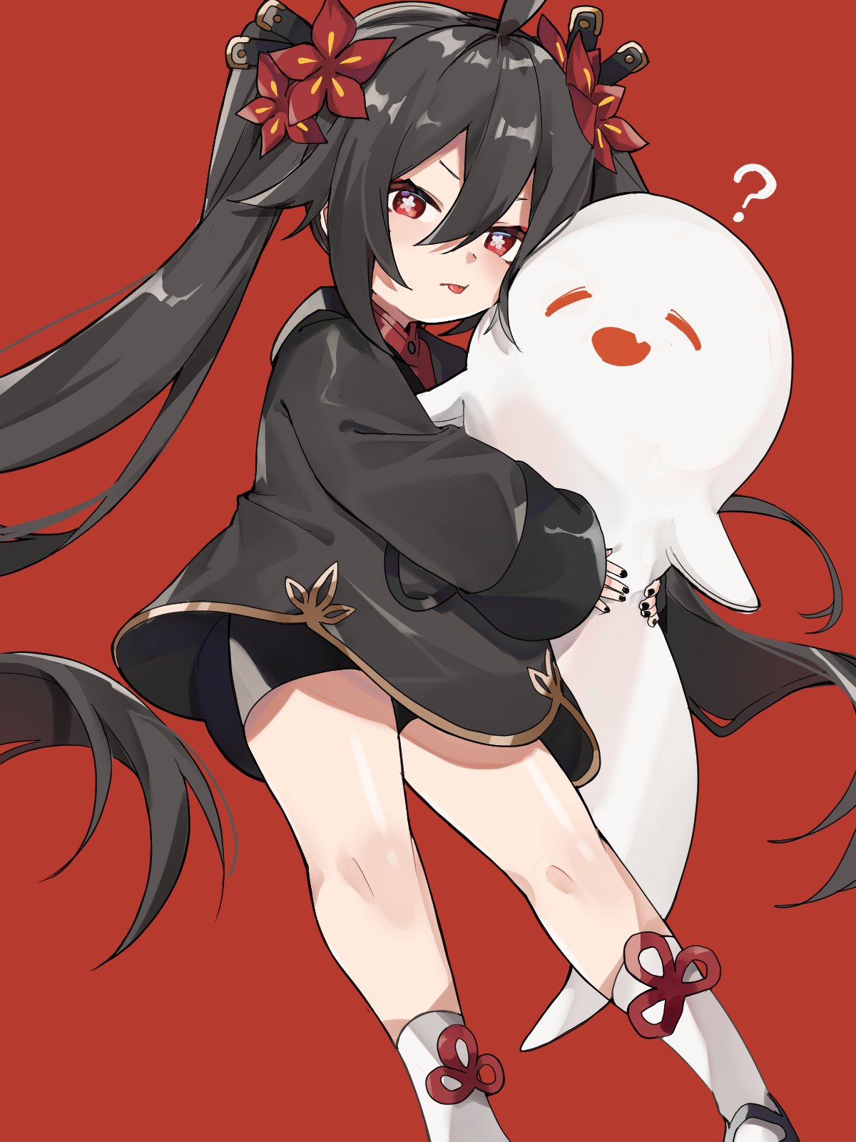 1girl :d :p ? ahoge bangs black_hair black_shorts chinese_clothes commentary_request deitaku eyebrows_visible_through_hair flower genshin_impact ghost hair_between_eyes hair_flower hair_ornament highres hu_tao_(genshin_impact) hug kneehighs long_hair long_sleeves looking_at_viewer open_mouth red_background red_eyes short_shorts shorts sidelocks simple_background smile symbol-shaped_pupils tongue tongue_out twintails v-shaped_eyebrows white_legwear wide_sleeves younger