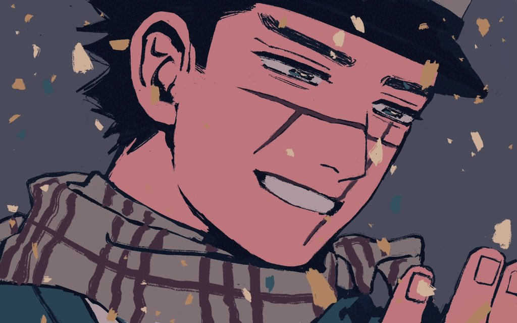 1boy black_eyes black_hair golden_kamuy hat he_lsinki looking_at_hand military military_hat open_mouth scar scar_on_cheek scar_on_face scarf sugimoto_saichi