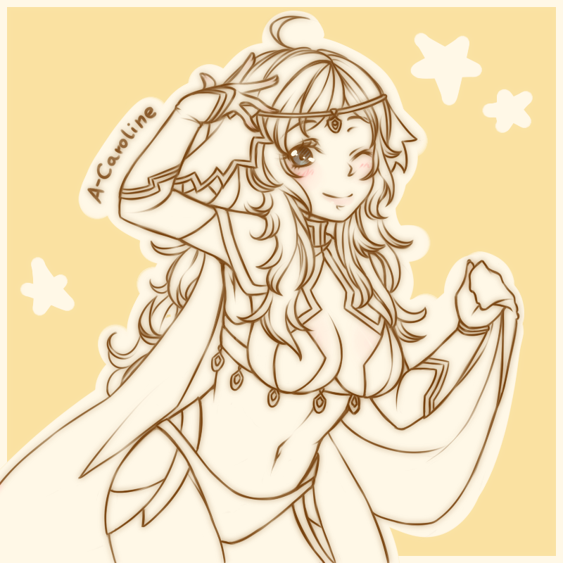 1girl ahoge bangs breasts cape circlet closed_mouth fire_emblem fire_emblem_fates holding holding_cape holding_clothes leitz_acaroline long_hair looking_at_viewer medium_breasts monochrome navel one_eye_closed ophelia_(fire_emblem) sketch solo upper_body yellow_background