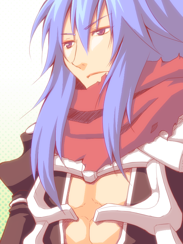 1boy armor assassin_cross_(ragnarok_online) bangs black_shirt blue_hair closed_mouth commentary_request eremes_guile eyebrows_visible_through_hair hair_between_eyes long_hair looking_to_the_side male_focus open_clothes open_shirt pauldrons portrait ragnarok_online red_eyes red_scarf sakakura_(sariri) scarf shirt shoulder_armor sidelocks solo torn_scarf