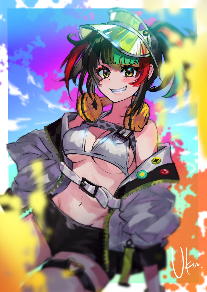 1girl bikini bikini_top breasts fate/grand_order fate_(series) grin headphones headphones_around_neck jacket multicolored_hair navel paint_splatter sei_shounagon_(fate) sei_shounagon_(swimsuit_berserker)_(fate) shorts signature smile swimsuit thigh_strap twintails ukumituki visor_cap yellow_eyes