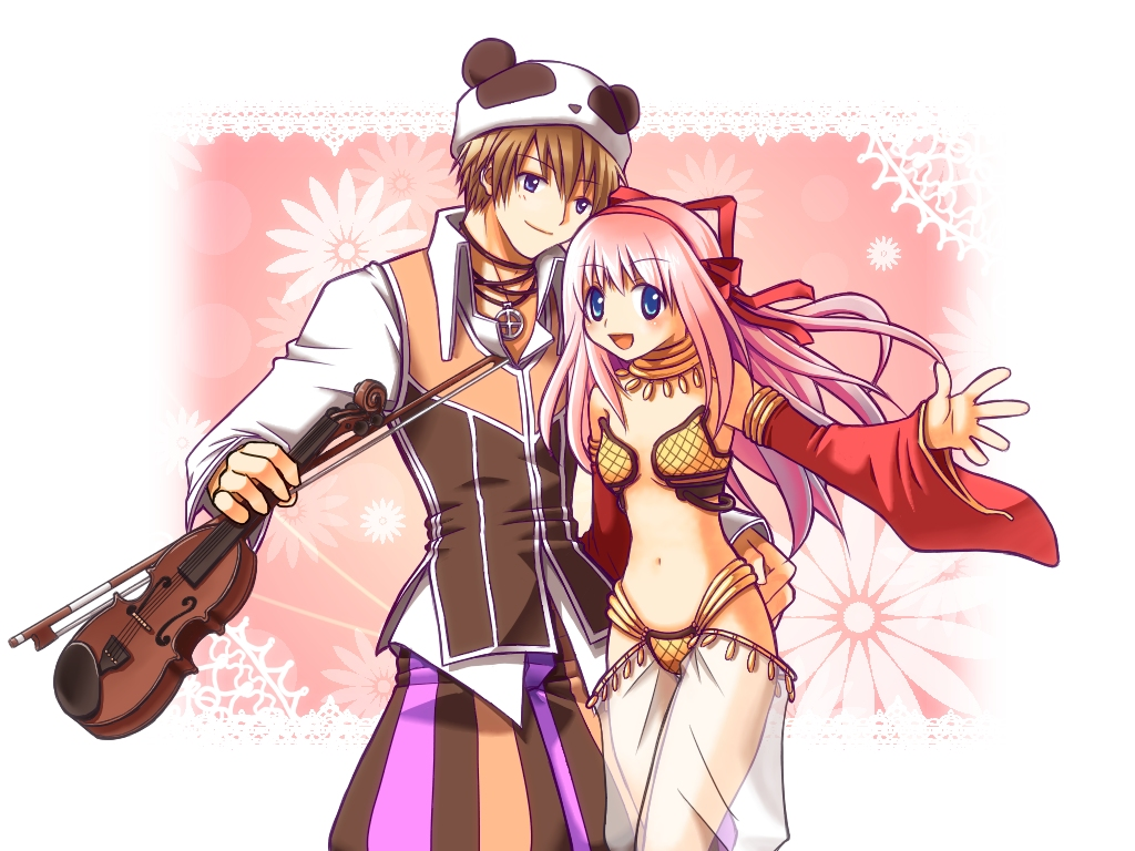 1boy 1girl :d baggy_pants bangs bikini blue_eyes blush bow_(instrument) breasts brown_hair brown_pants brown_vest closed_mouth clown_(ragnarok_online) collared_shirt commentary_request detached_sleeves eyebrows_visible_through_hair feet_out_of_frame gypsy_(ragnarok_online) hair_ribbon holding holding_instrument instrument jewelry long_hair long_sleeves looking_at_viewer navel necklace open_mouth panda_hat pants pink_hair ragnarok_online red_ribbon red_sleeves ribbon sakakura_(sariri) see-through sequins shirt short_hair small_breasts smile strapless strapless_bikini swimsuit vest violet_eyes violin white_pants white_shirt yellow_bikini