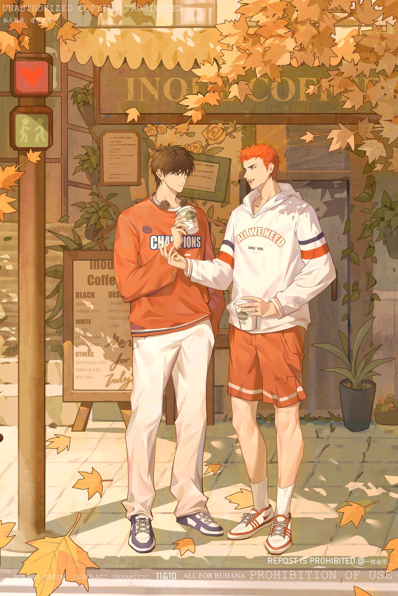 2boys autumn autumn_leaves bishounen black_eyes black_hair cafe chinese_commentary coffee_cup cup disposable_cup english_text eye_contact falling_leaves headphones headphones_around_neck highres holding holding_cup hood hoodie leaf long_sleeves looking_at_another male_focus maple_leaf menu_board multiple_boys outdoors pants randstrawberry red_shirt red_shorts redhead rukawa_kaede sakuragi_hanamichi shirt shoes short_hair shorts slam_dunk_(series) sneakers toned toned_male traffic_light tree two-tone_footwear white_hoodie white_pants