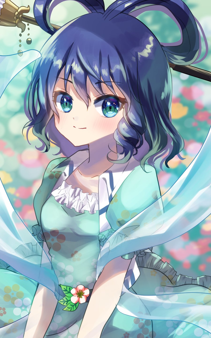 1girl aqua_dress bangs belt blue_eyes blush breasts collarbone commentary_request dress drill_hair eyebrows_visible_through_hair floral_print flower frilled_dress frills hagoromo hair_between_eyes hair_ornament hair_rings hair_stick highres kaku_seiga looking_at_viewer one-hour_drawing_challenge oudondk puffy_short_sleeves puffy_sleeves shawl shiny shiny_hair short_hair short_sleeves small_breasts smile solo touhou upper_body vest white_vest