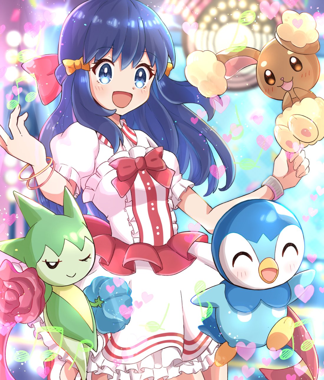 1girl :d blue_eyes blue_hair blush bow bracelet buneary closed_eyes hikari_(pokemon) dress eyebrows_visible_through_hair frilled_dress frills hair_bow haru_(haruxxe) heart highres jewelry long_hair musical_note official_alternate_costume one_eye_closed open_mouth piplup pokemon pokemon_(game) pokemon_bdsp puffy_short_sleeves puffy_sleeves red_bow roselia short_sleeves smile stage_lights white_dress yellow_bow