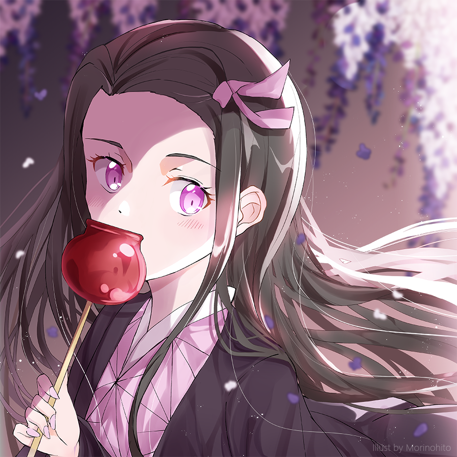 1girl black_hair blush candy_apple food hair_ribbon holding holding_food japanese_clothes kamado_nezuko kimetsu_no_yaiba kimono long_hair long_sleeves looking_at_viewer morinohito pink_eyes pink_kimono pink_ribbon ribbon solo very_long_hair