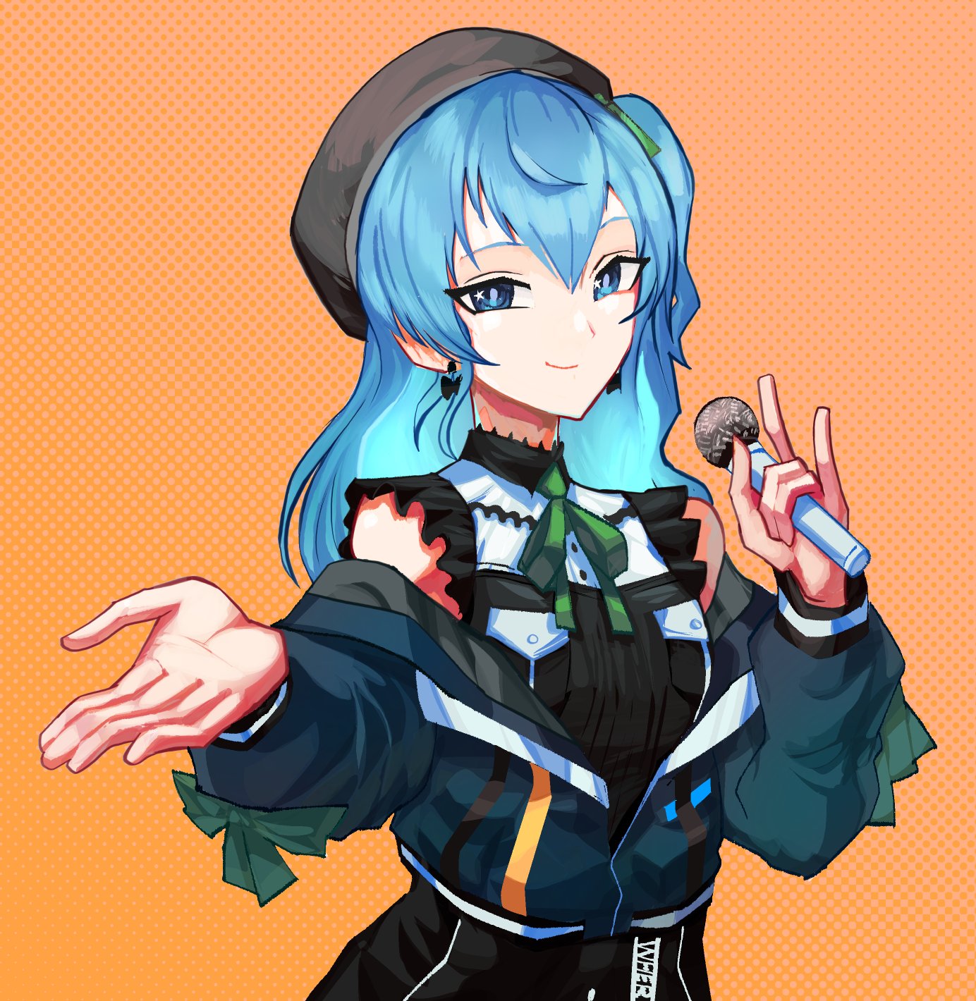 1girl bangs beret black_dress black_headwear blue_eyes blue_hair blue_jacket bow bow_earrings cody's_art commission dress earrings english_commentary green_bow hair_between_eyes hat highres hololive hoshimachi_suisei jacket jewelry long_hair looking_at_viewer off_shoulder open_hand orange_background short_sidetail solo star_(symbol) star_in_eye symbol_in_eye upper_body virtual_youtuber