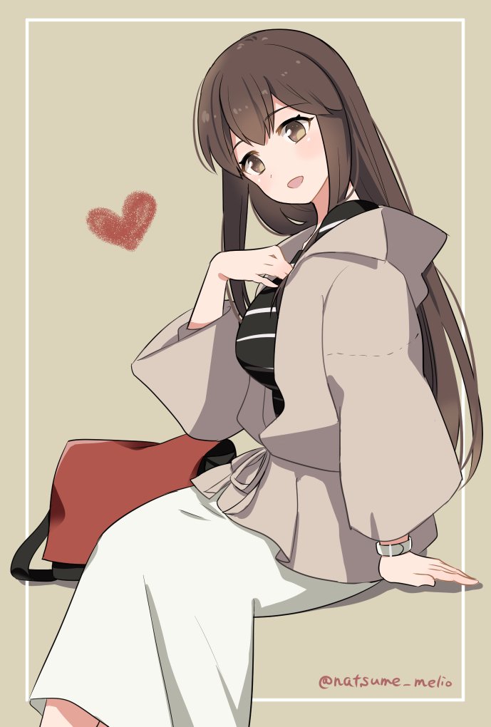 1girl akagi_(kancolle) black_shirt brown_eyes brown_hair commentary_request feet_out_of_frame grey_background grey_jacket jacket kantai_collection long_hair looking_at_viewer natsume_(natsume_melio) official_alternate_costume one-hour_drawing_challenge shirt sitting skirt solo straight_hair striped striped_shirt twitter_username white_skirt