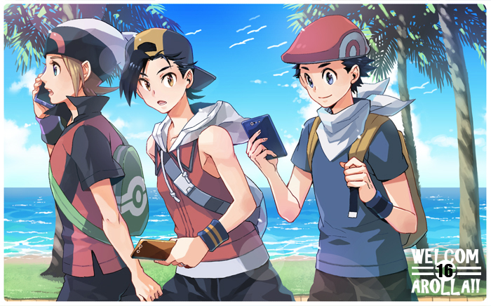 3boys adapted_costume backpack backwards_hat bag baseball_cap beanie black_hair border brendan_(pokemon) brown_hair clouds commentary_request day ethan_(pokemon) grass green_bag hat holding holding_phone holding_strap jacket looking_at_viewer lucas_(pokemon) male_focus multiple_boys outdoors palm_tree phone pokemon pokemon_(game) pokemon_dppt pokemon_hgss pokemon_oras red_headwear shirt shore short_hair short_sleeves sky talking_on_phone tree water white_border white_headwear wristband xichii