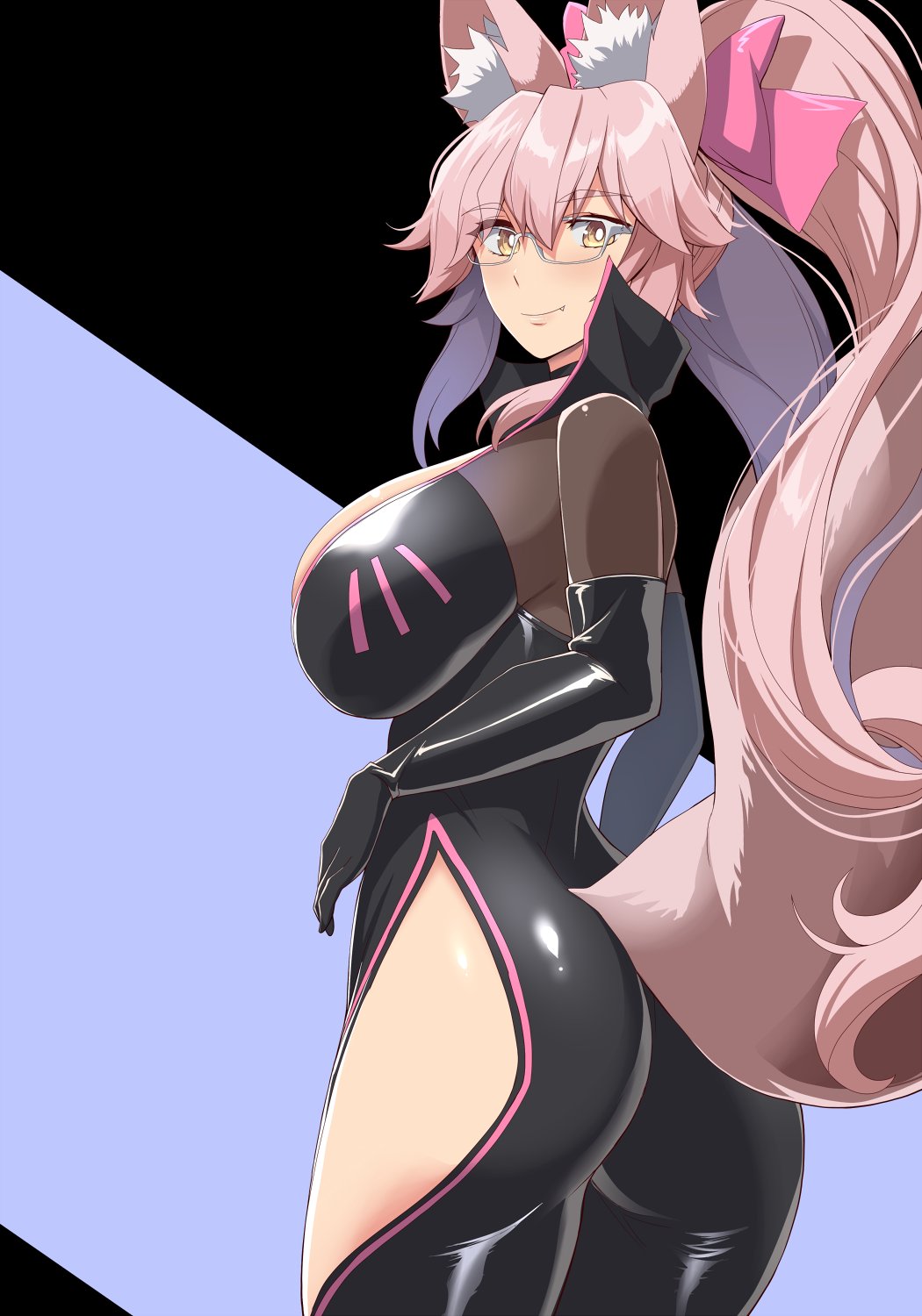 1girl animal_ear_fluff animal_ears ass back bangs black_bodysuit blush bodysuit bow breasts center_opening choker fate/grand_order fate_(series) fox_ears fox_girl fox_tail glasses hair_between_eyes hair_bow highres hip_vent kloah koyanskaya_(fate) large_breasts long_hair looking_at_viewer looking_back pink_bow pink_hair ponytail sidelocks smile solo tail tamamo_(fate) thighs yellow_eyes