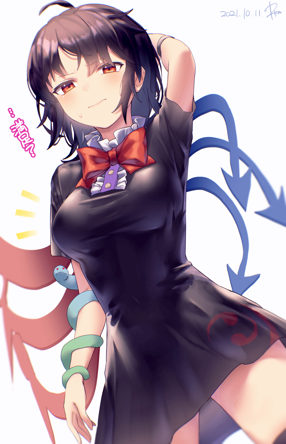 1girl ahoge arm_up asymmetrical_wings bangs black_dress black_hair black_legwear black_wristband blue_wings blush bow bowtie breasts buttons center_frills closed_mouth commentary_request dated dress frilled_dress frills from_below furrowed_brow highres houjuu_nue kisamu_(ksmz) large_breasts looking_down polearm red_bow red_eyes red_neckwear red_wings short_hair short_sleeves sidelocks signature simple_background slit_pupils snake solo sweatdrop thigh-highs thighs touhou trident upper_body weapon white_background wings