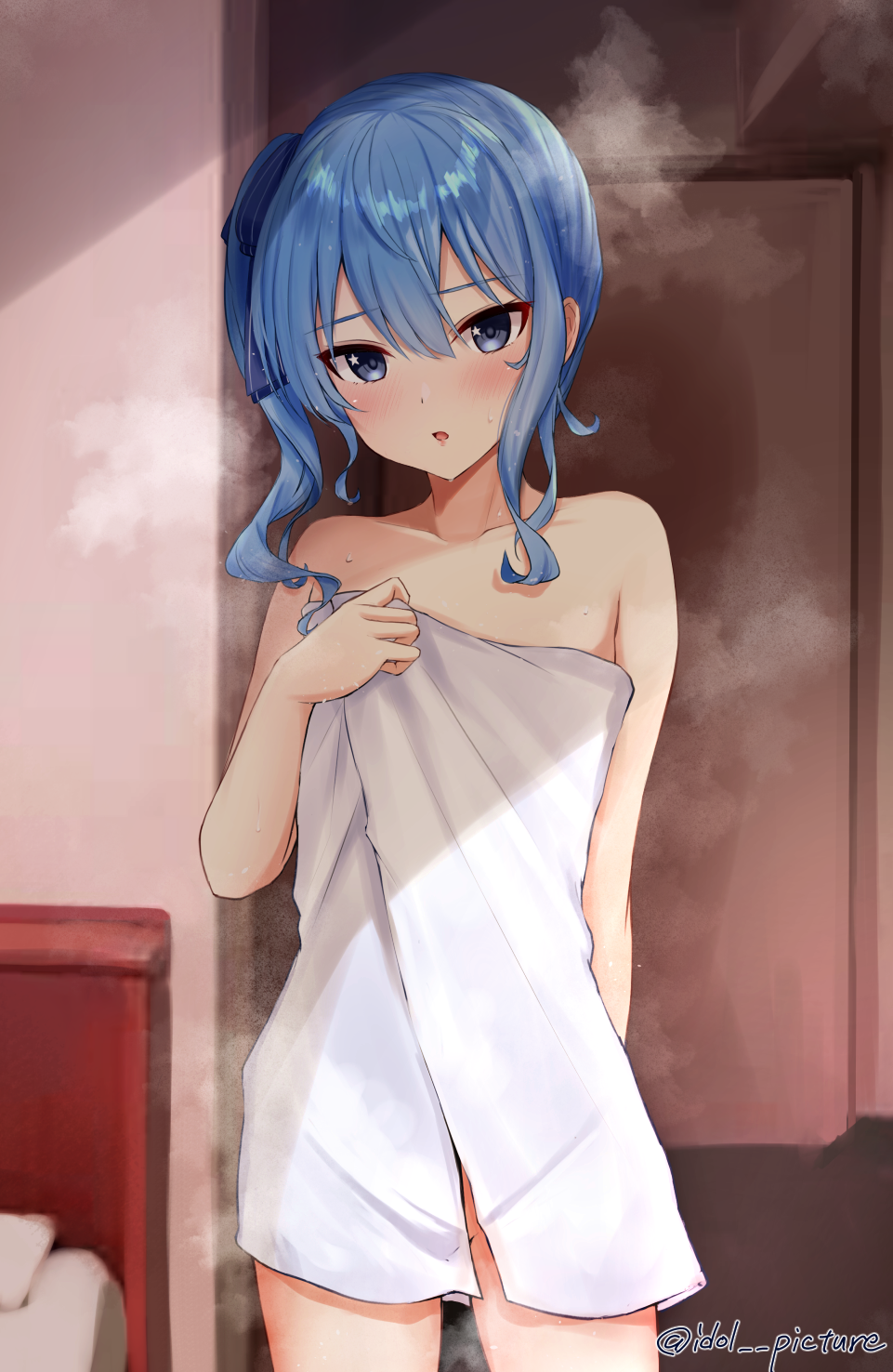1girl bangs blue_eyes blue_hair blue_ribbon blush collarbone commentary_request cowboy_shot ex_idol eyebrows_visible_through_hair hair_between_eyes hair_ribbon hand_up highres hololive hoshimachi_suisei indoors long_hair looking_at_viewer naked_towel parted_lips ribbon side_ponytail solo standing star_(symbol) star_in_eye steam steaming_body sweat symbol_in_eye towel twitter_username virtual_youtuber