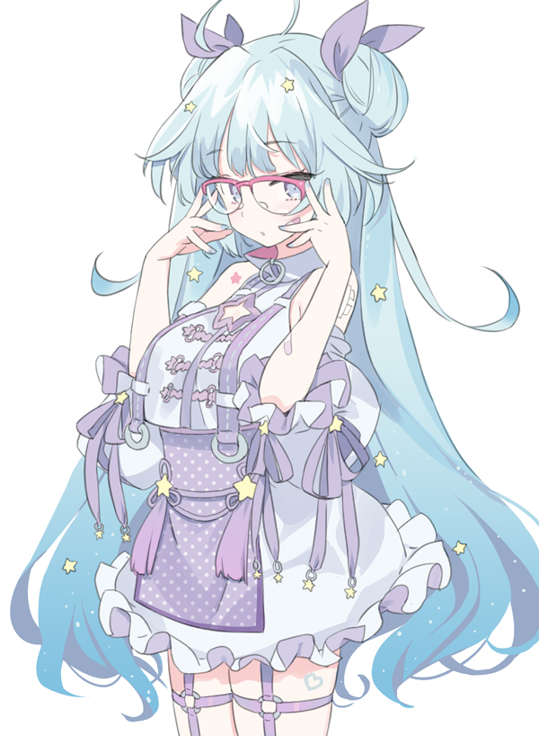 1girl ahoge aimani_(vtuber) blade_(galaxist) blue_eyes blue_hair bow closed_mouth commentary cowboy_shot double_bun dress glasses grey_dress hair_bow hair_ornament hands_up long_hair looking_at_viewer mizuboshi_yamu o-ring_thigh_strap over-rim_eyewear red-framed_eyewear semi-rimless_eyewear simple_background solo standing star_(symbol) star_hair_ornament symbol-only_commentary very_long_hair white_background