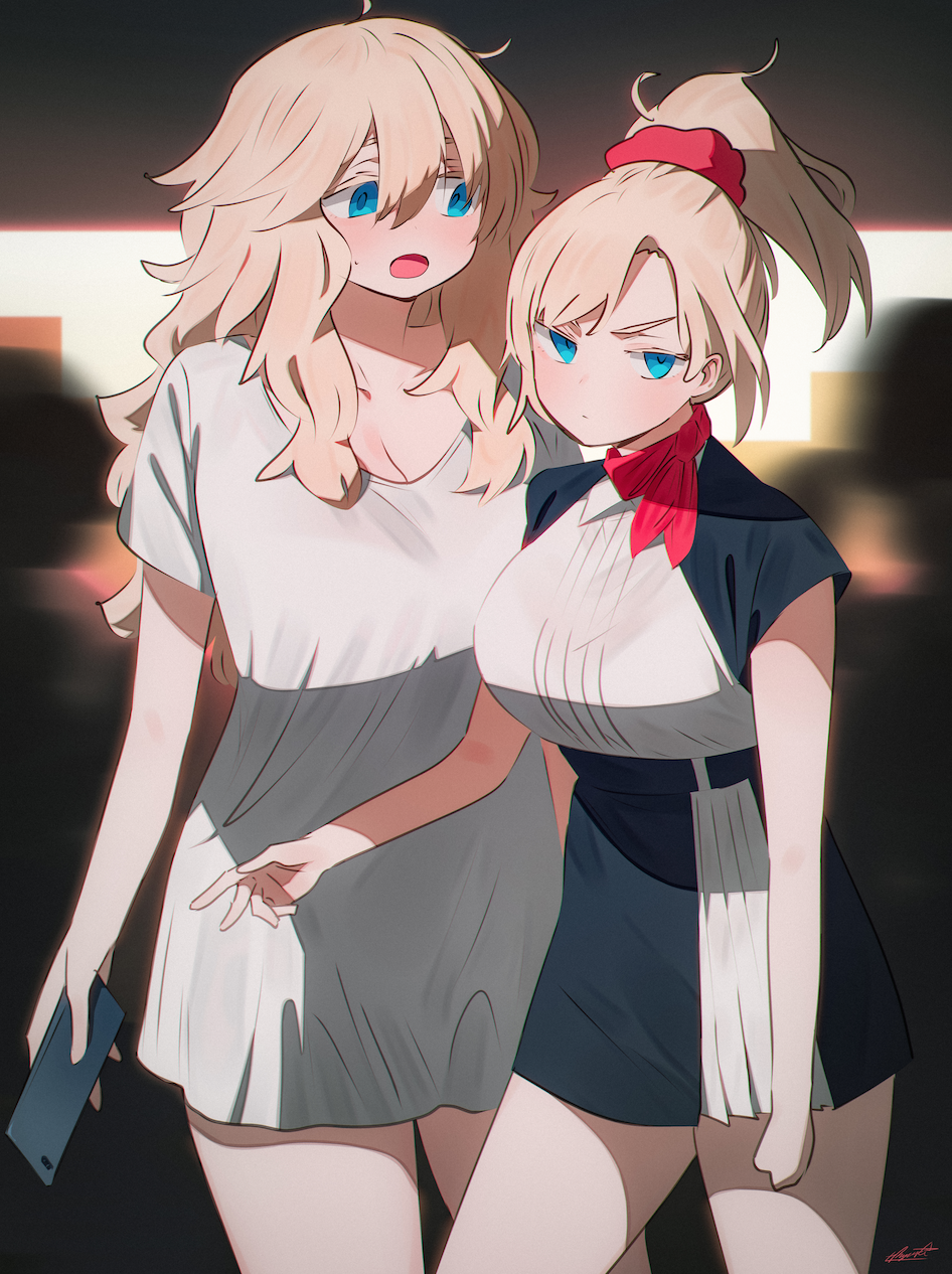 2girls bandana blonde_hair blue_eyes blush breasts cellphone closed_mouth frown glaring hair_ornament hair_scrunchie highres holding holding_phone large_breasts long_hair looking_at_viewer mole mole_under_mouth multiple_girls naked_shirt open_mouth original phone ponytail red_bandana ryusei_hashida scrunchie shirt signature smartphone standing