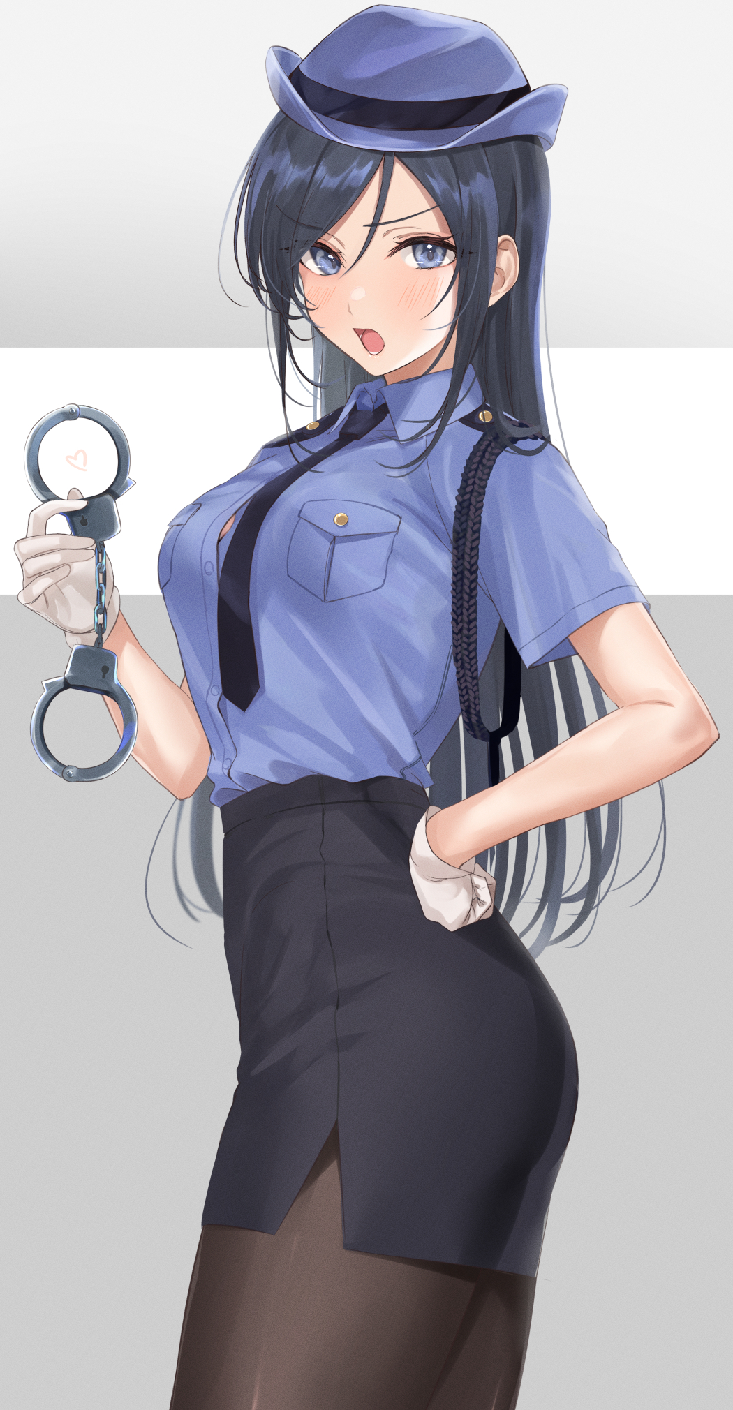 1girl aragaki_ayase black_hair blue_eyes breasts collar commentary_request cuffs gloves hand_on_hip handcuffs hat highres large_breasts looking_at_viewer mexif ore_no_imouto_ga_konna_ni_kawaii_wake_ga_nai police police_hat police_uniform policewoman skirt solo uniform