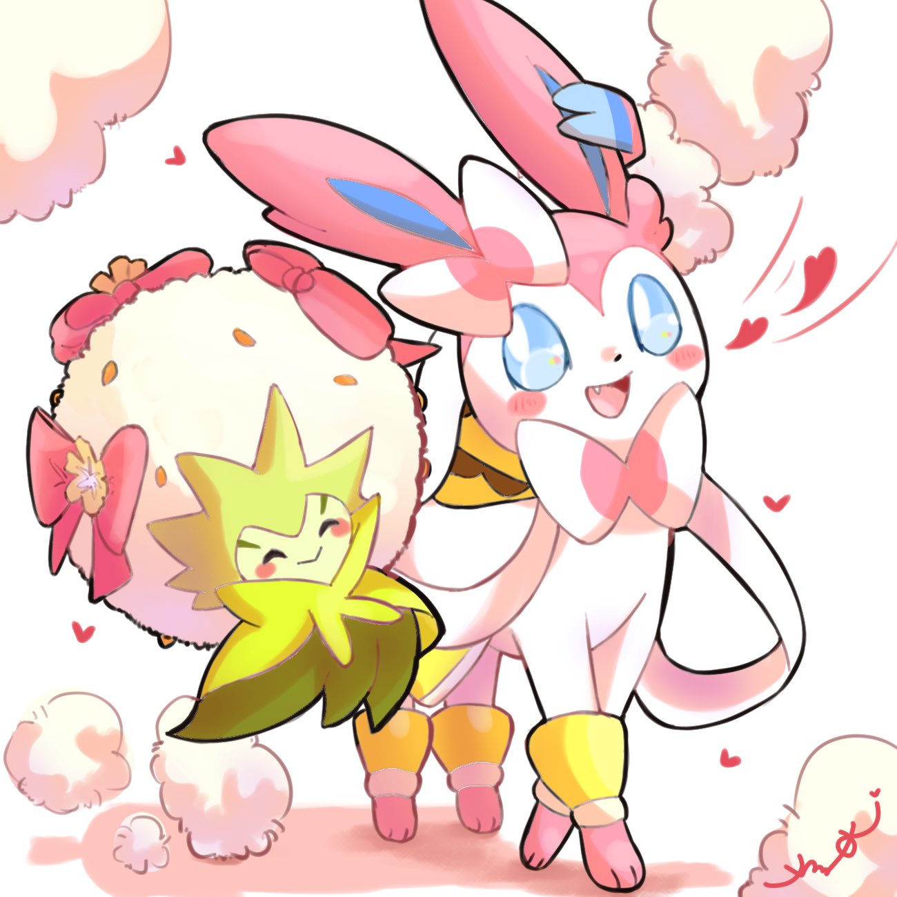 :&gt; :d blue_eyes blush_stickers bow closed_eyes closed_mouth commentary_request eldegoss fang heart highres looking_at_viewer open_mouth pink_bow pokemon pokemon_(game) pokemon_unite smile standing surumeika_(ninfiiiir) sylveon toes tongue