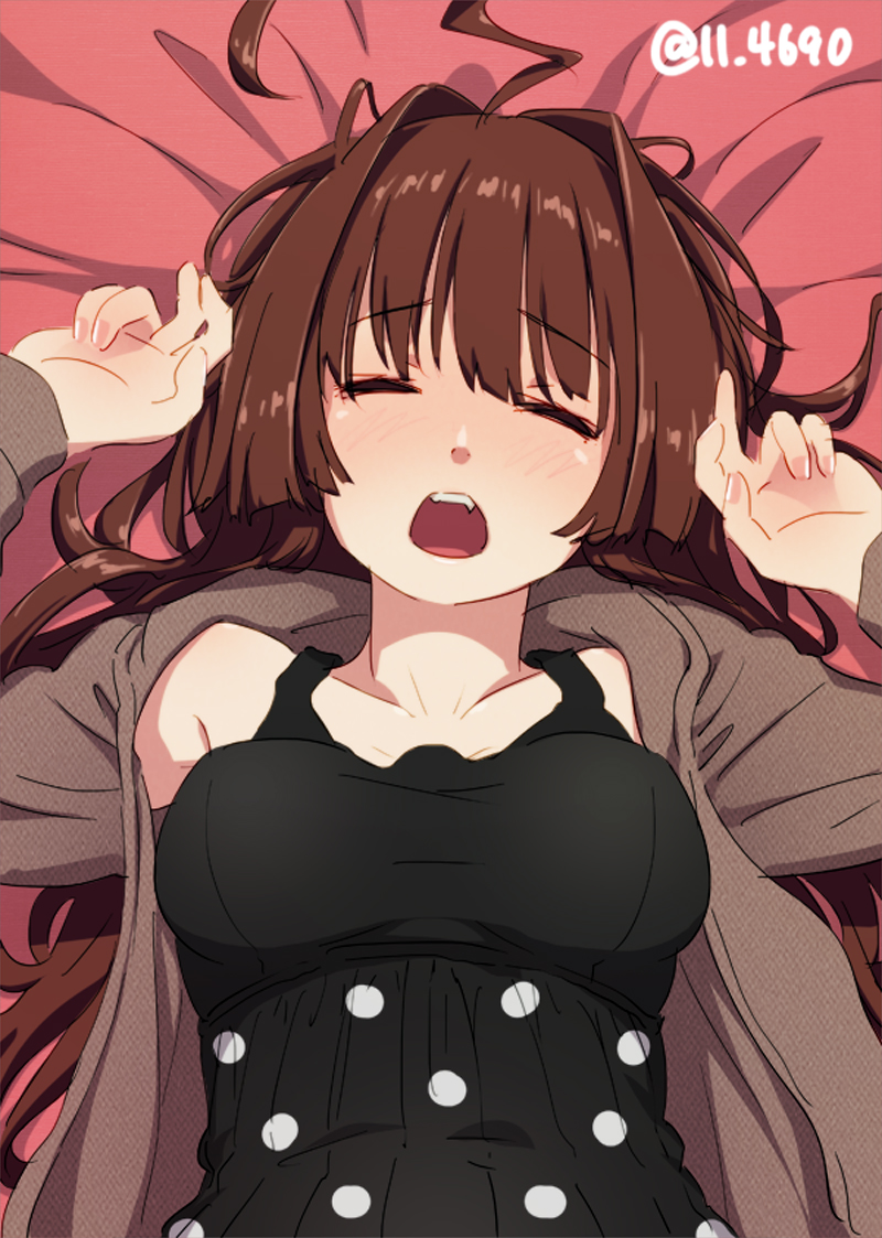 1girl 4690_(tkpbsk) ahoge bed black_dress breasts brown_eyes commentary_request dress facing_viewer huge_ahoge jacket kantai_collection kuma_(kancolle) long_hair lying medium_breasts official_alternate_costume open_mouth polka_dot polka_dot_dress red_jacket solo teeth twitter_username upper_body upper_teeth