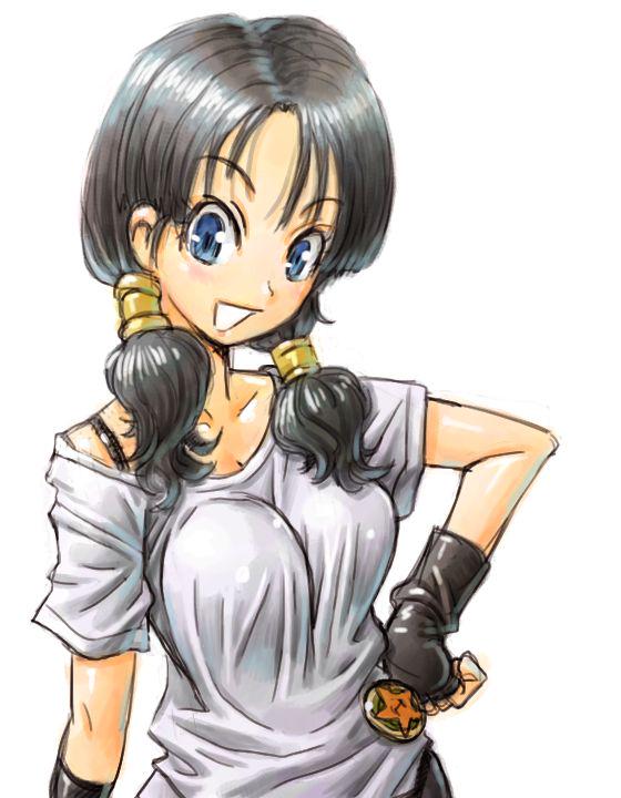 1girl amania_orz black_hair blue_eyes breasts dragon_ball dragon_ball_z fingerless_gloves gloves long_hair looking_at_viewer open_mouth shirt simple_background smile solo twintails videl white_background white_shirt